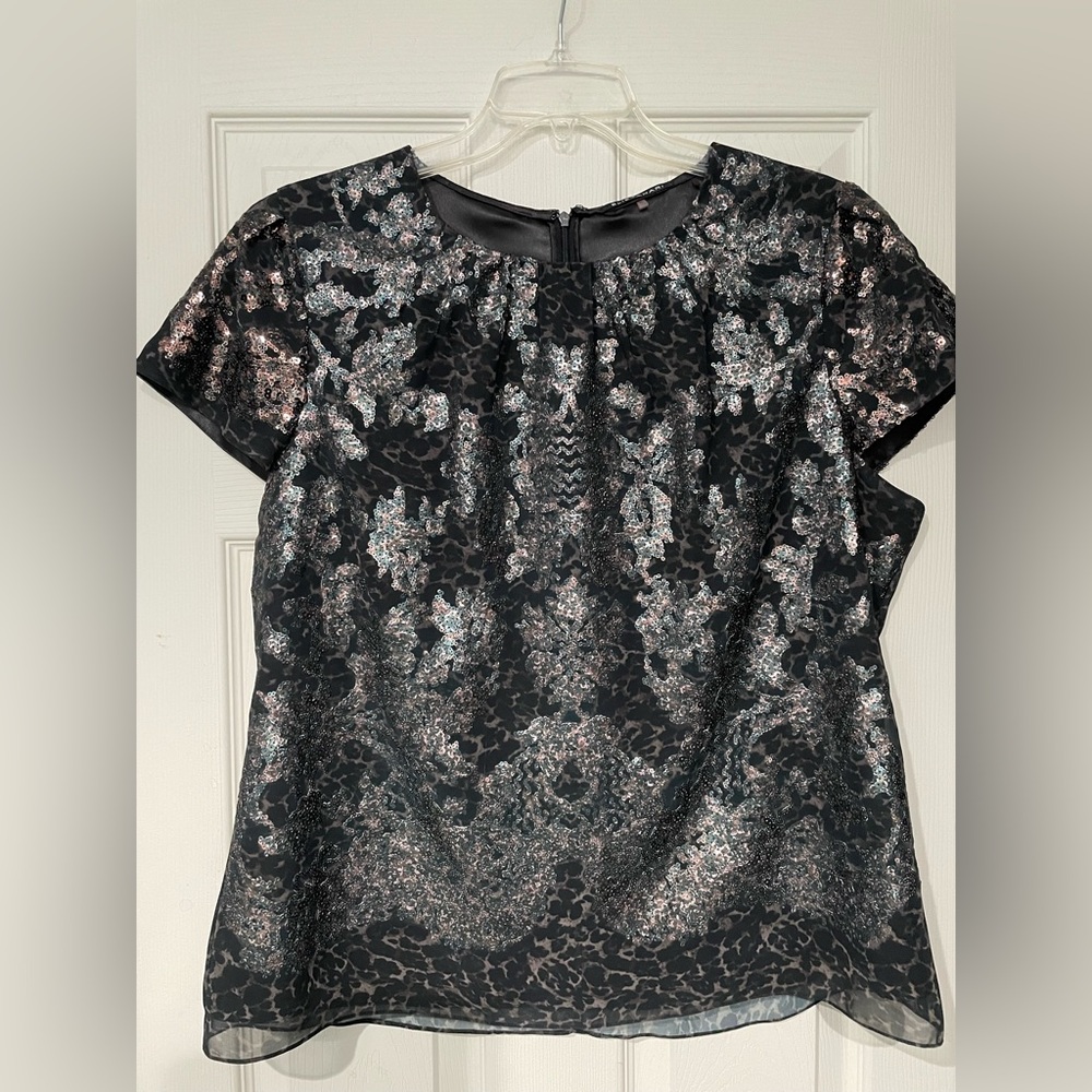 Elie Tahari Black and Brown Graphic Sequin Embellished Formal Blouse